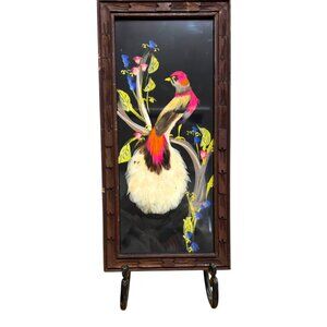 Framed Feather Peacock Art Dopamine Floral Accents Rustic Wooden Frame 14" x 7"